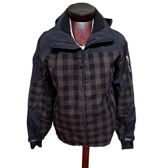Woolrich Mens Black Brown Buffalo Plaid Jacket Coat Packable Hood Lightweight M - Picture 2 of 16